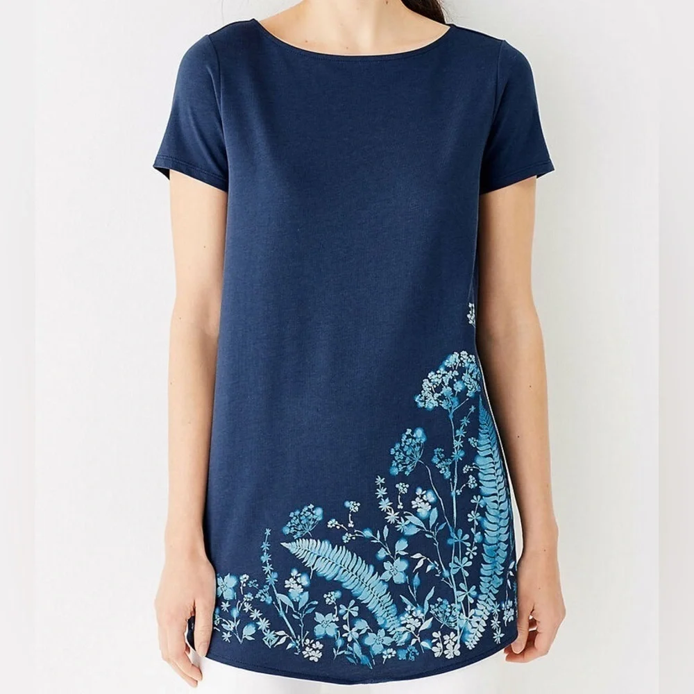 Pure j.jill pj floral knit tunic blue floral tee shirt short sleeve size large - Picture 1 of 9